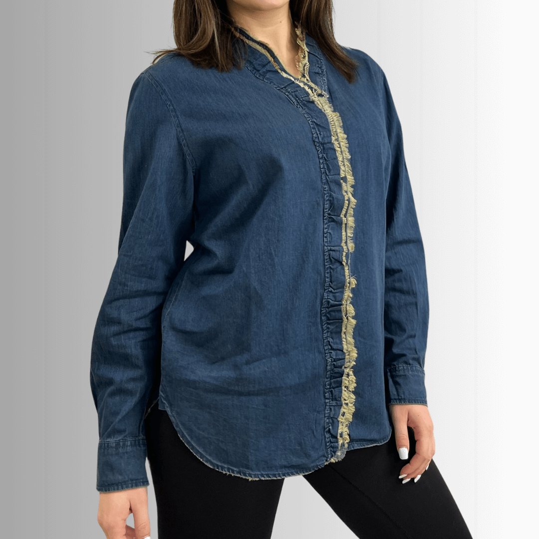 Jaded Gypsy Cutting Edge Button Down Lace Detail Cotton Denim Top With Raw Edge Detail | Made In USA | Made in America Women's Boutique