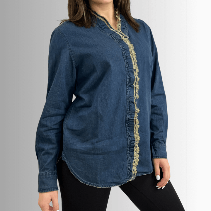 Jaded Gypsy Cutting Edge Button Down Lace Detail Cotton Denim Top With Raw Edge Detail | Made In USA | Made in America Women's Boutique