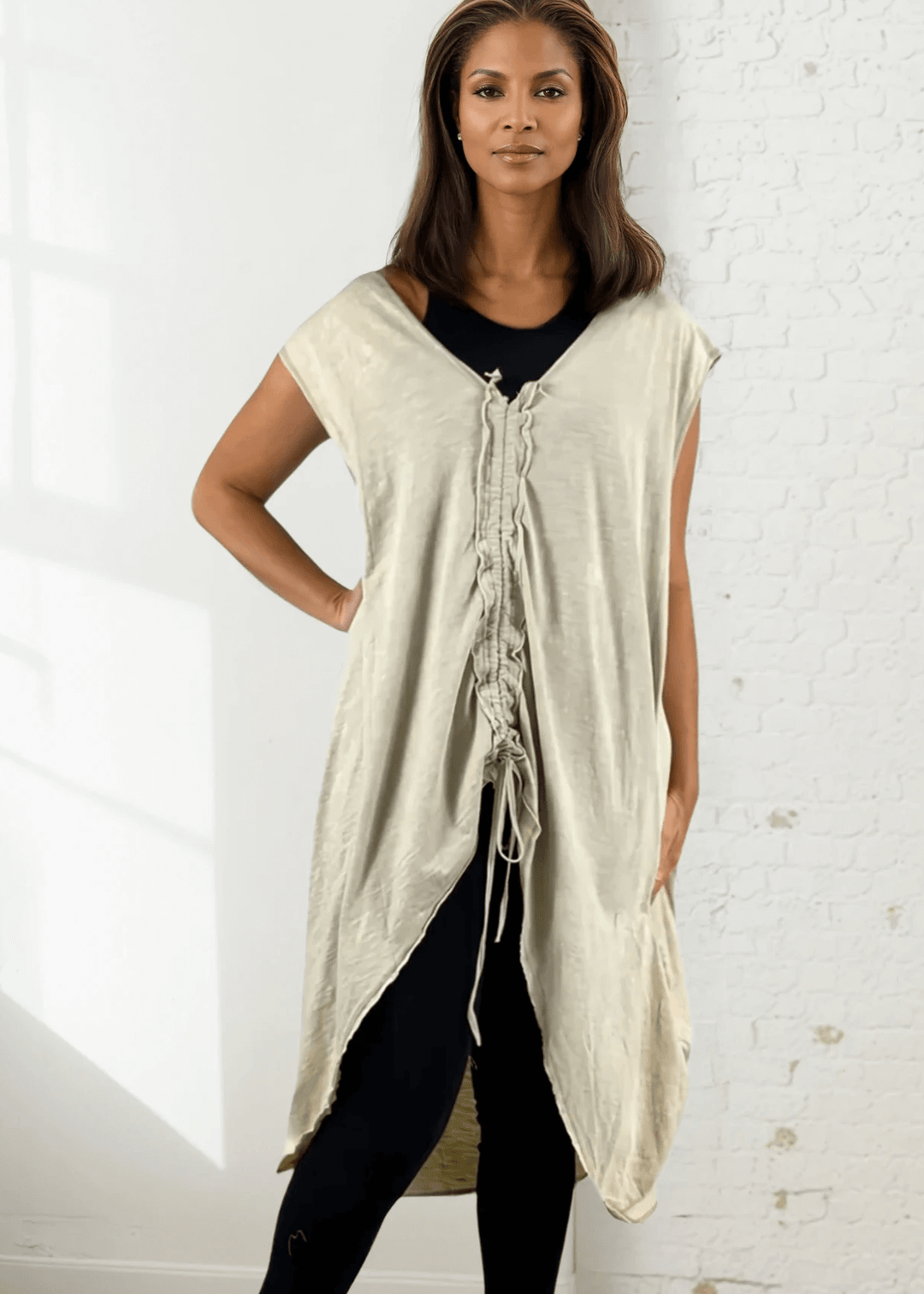 Made in USA Boho Chic Women's Cotton Cinch Tie Pullover Tunic, V-Neck , Side Pockets Color: Cream/Natural | Classy Cozy Cool Made in America Boutique