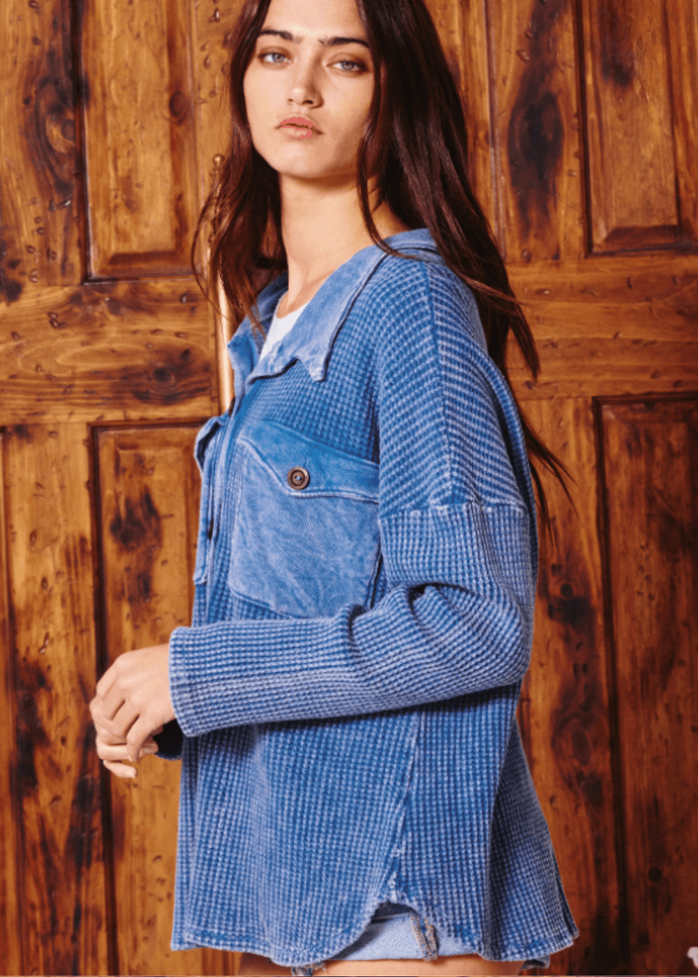 Made in USA Women's  Plus Size Vintage Washed Cotton Button Down Waffle Knit Shirt Jacket in Denim Blue | Bucket List Style # T1504