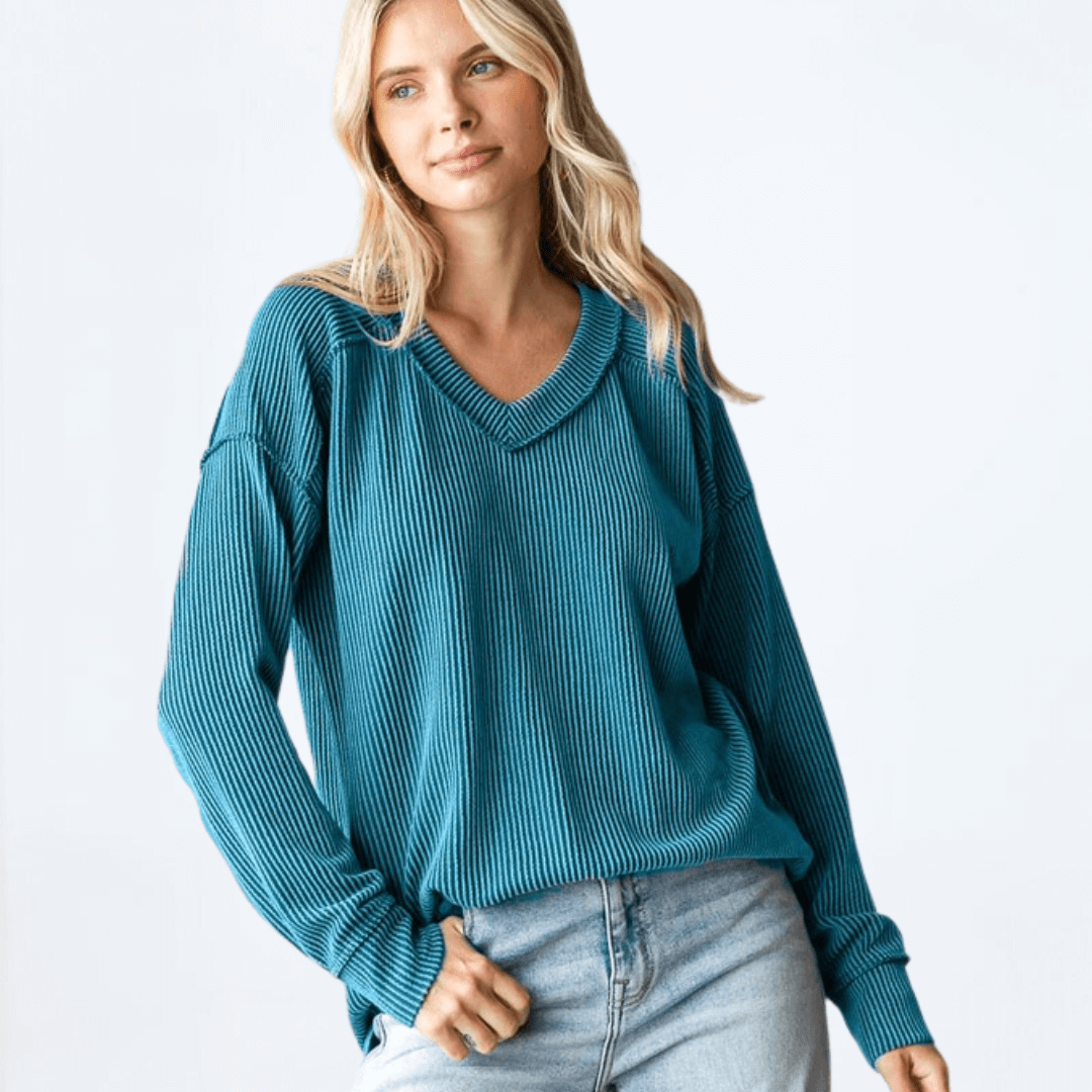 Made in USA Women's Soft Ribbed V-Neck Casual Long Sleeve Out Seam Detail Top with Pockets in Jade Green | Classy Cozy Cool Women's Made in America Boutique