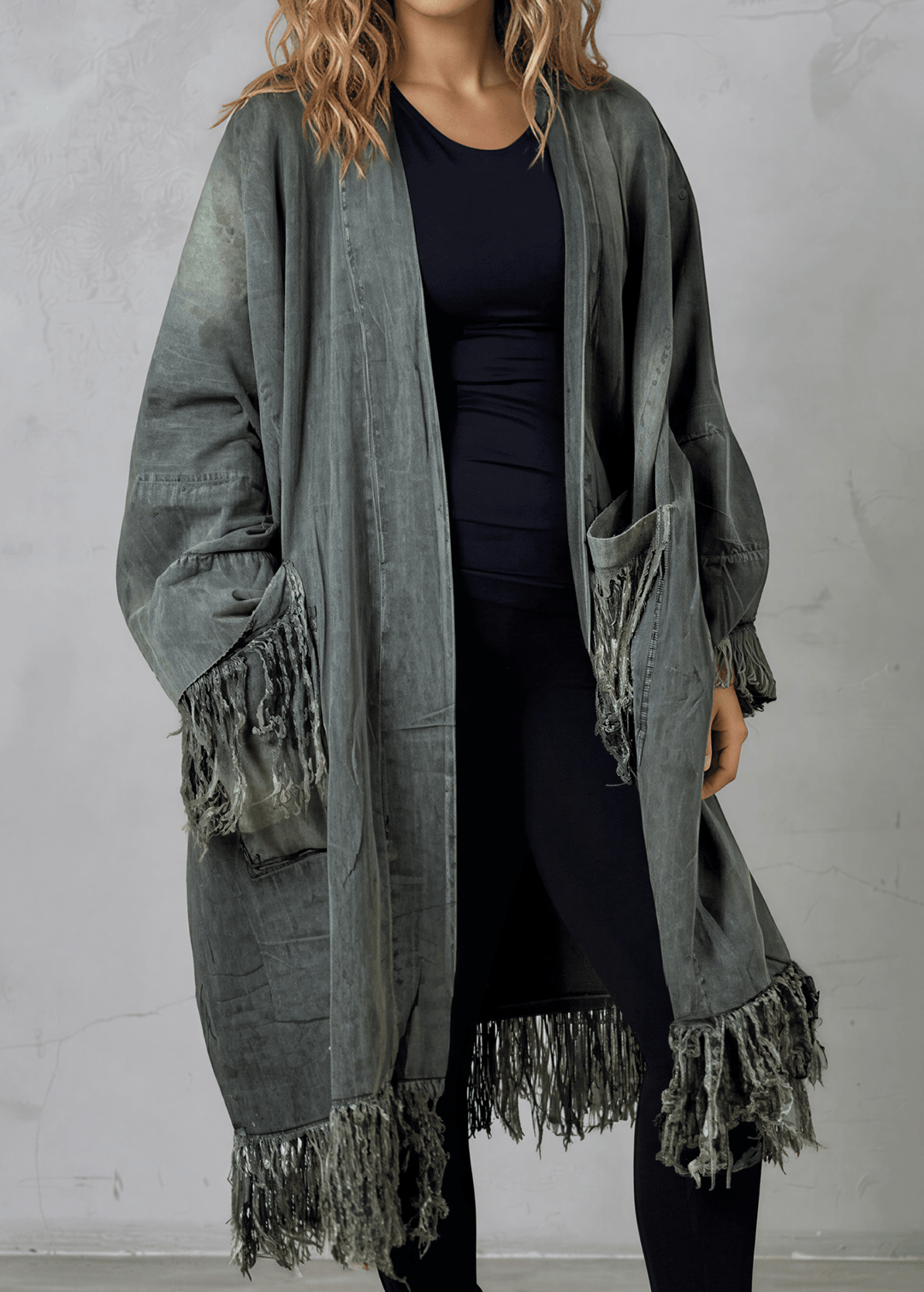 Jaded Gypsy Oversized Denim Open Front Duster Jacket, Distressed for Unique Look, Fringe Hem & Pockets, Large Pockets, Very Oversized & Slouchy, 100% Cotton, Made in USA