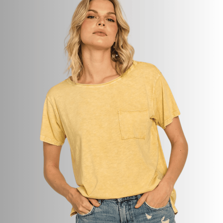 Made in USA, Jessie Tee, Women's Relaxed Fit Cotton Mineral Washed Pocket T-Shirt in Apricot Yellow with Wide Round Neckline | Classy Cozy Cool Made in America Boutique