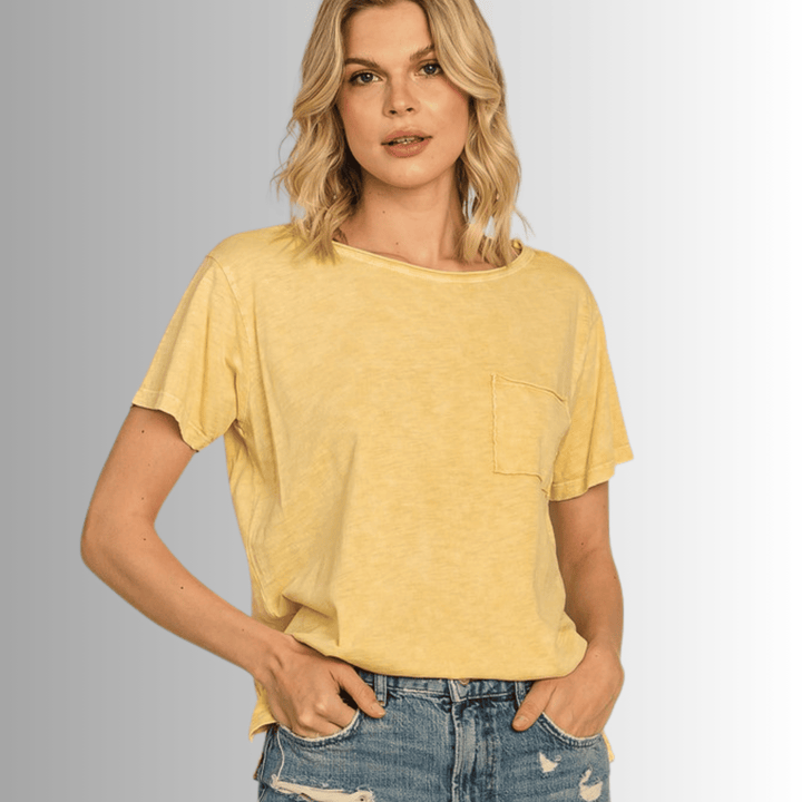 Made in USA, Jessie Tee, Women's Relaxed Fit Cotton Mineral Washed Pocket T-Shirt in Apricot Yellow with Wide Round Neckline | Classy Cozy Cool Made in America Boutique