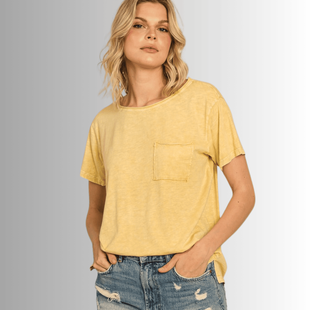 Made in USA, Jessie Tee, Women's Relaxed Fit Cotton Mineral Washed Pocket T-Shirt in Apricot Yellow with Wide Round Neckline | Classy Cozy Cool Made in America Boutique