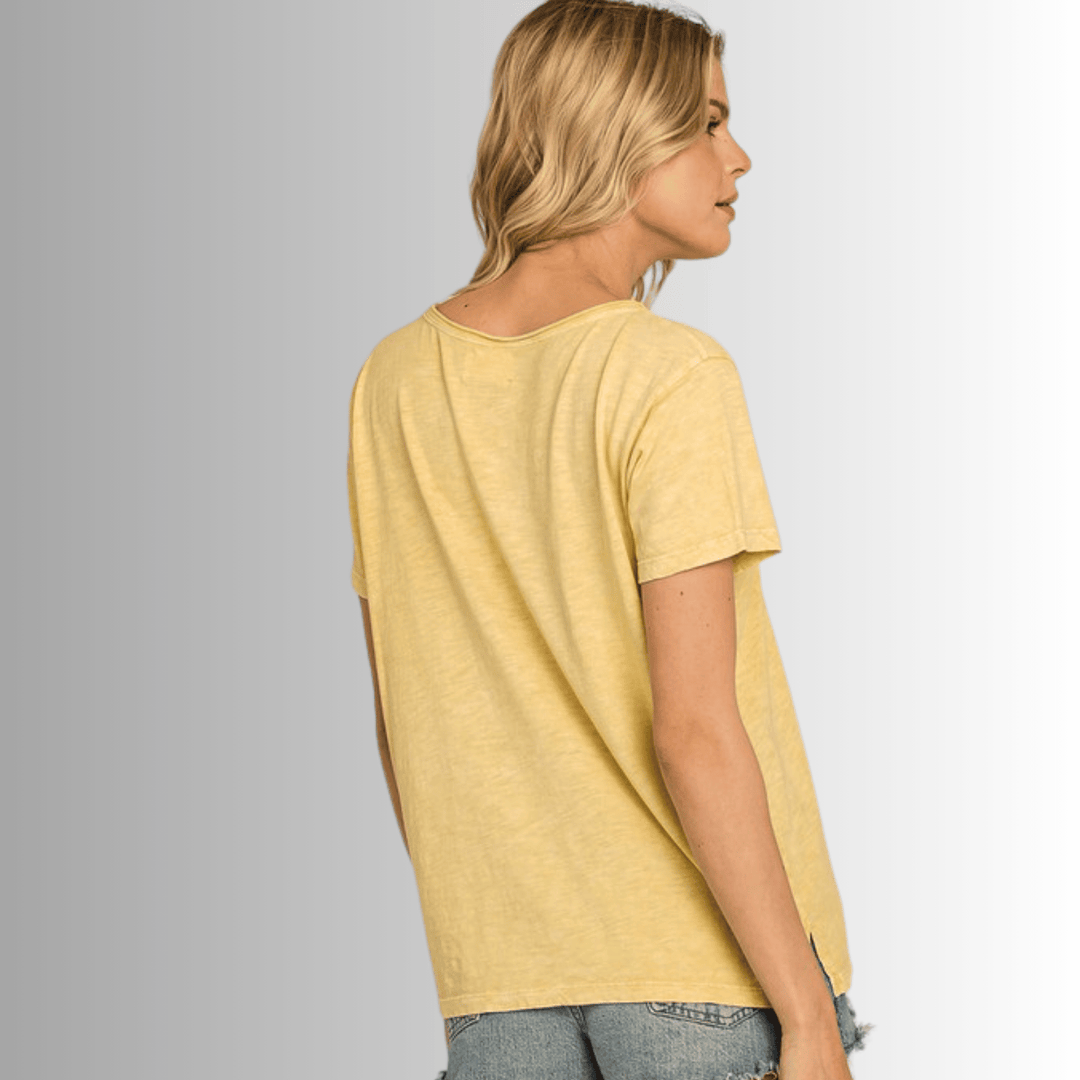 Made in USA, Jessie Tee, Women's Relaxed Fit Cotton Mineral Washed Pocket T-Shirt in Apricot Yellow with Wide Round Neckline | Classy Cozy Cool Made in America Boutique