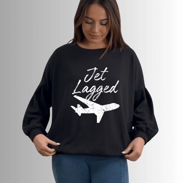 Made in USA Women's "Jet Lagged" Graphic Cotton Blend French Terry Oversized Solid Knit Sweatshirt with Side Pockets, Longer Length, Medium Weight in Black | Classy Cozy Cool Made in America Boutique