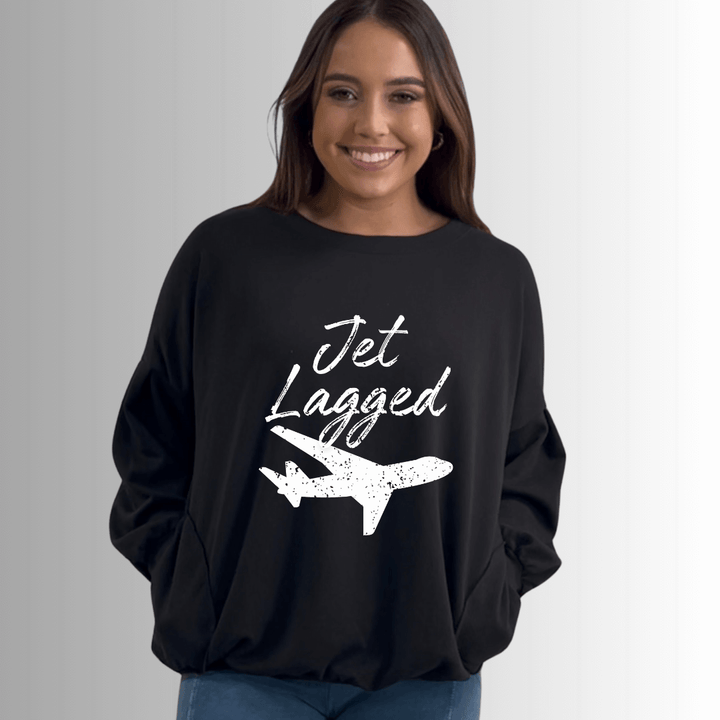 Made in USA Women's "Jet Lagged" Graphic Cotton Blend French Terry Oversized Solid Knit Sweatshirt with Side Pockets, Longer Length, Medium Weight in Black | Classy Cozy Cool Made in America Boutique