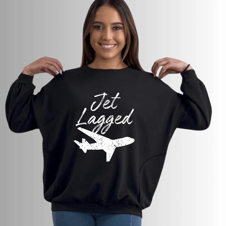 Made in USA Women's "Jet Lagged" Graphic Cotton Blend French Terry Oversized Solid Knit Sweatshirt with Side Pockets, Longer Length, Medium Weight in Black | Classy Cozy Cool Made in America Boutique