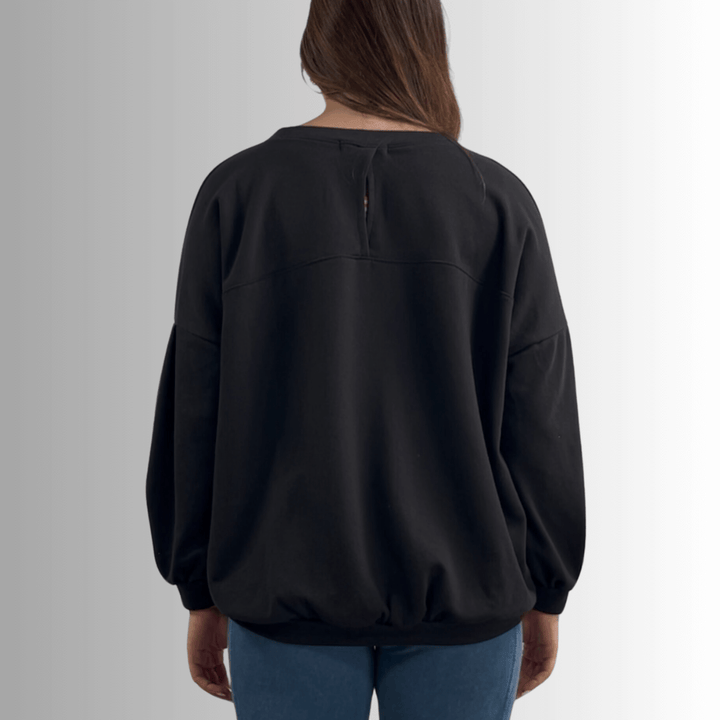 Made in USA Women's  Cotton Blend French Terry Oversized Solid Knit Sweatshirt with Side Pockets, Longer Length, Medium Weight in Black | Classy Cozy Cool Made in America Boutique