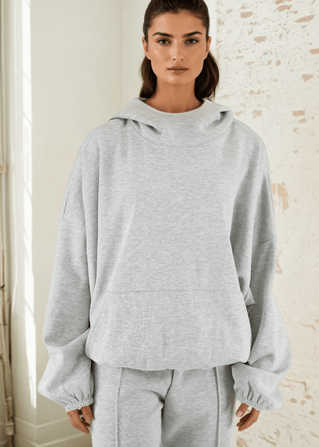 Made in USA | Women's Premium Heavyweight Warm and Cozy Soft Cotton Blend High Neck Fleece Hoodie Sweatshirt in Heather Grey