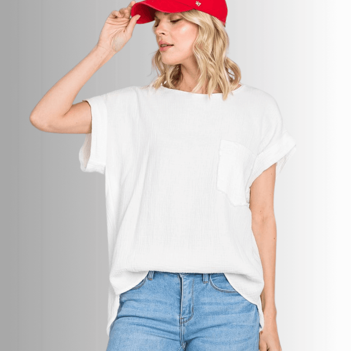 Made in USA Women's Garment Washed Round Neck, Short Cuffed Sleeves, Textured 100% Cotton Double Gauze Top in White with Front Pocket