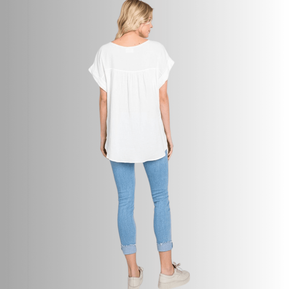 Made in USA Women's Garment Washed Round Neck, Short Cuffed Sleeves, Textured 100% Cotton Double Gauze Top in White with Front Pocket