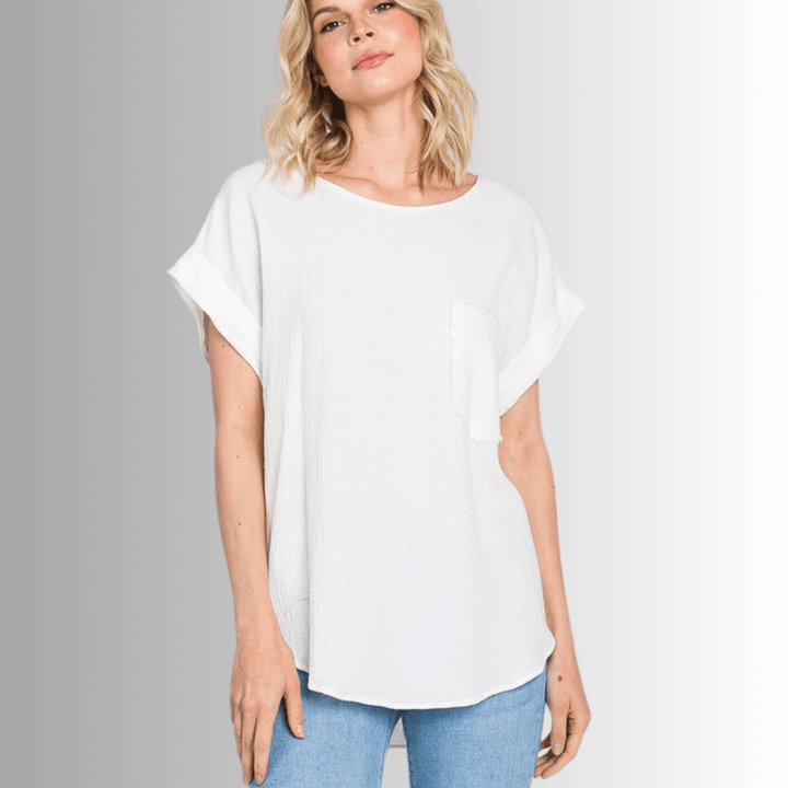 Made in USA Women's Garment Washed Round Neck, Short Cuffed Sleeves, Textured 100% Cotton Double Gauze Top in White with Front Pocket