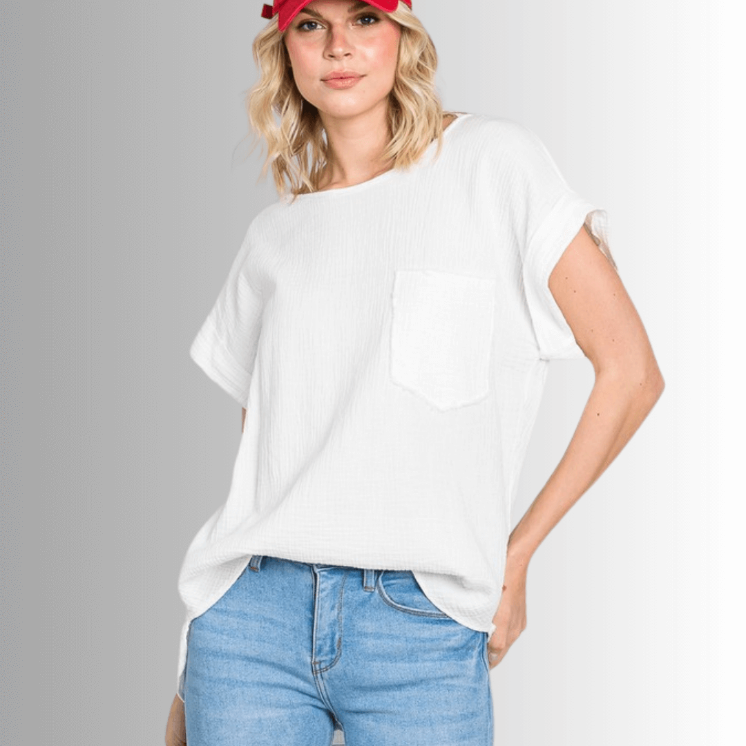 Made in USA Women's Garment Washed Round Neck, Short Cuffed Sleeves, Textured 100% Cotton Double Gauze Top in White with Front Pocket