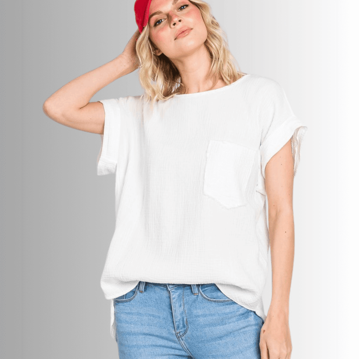 Made in USA Women's Garment Washed Round Neck, Short Cuffed Sleeves, Textured 100% Cotton Double Gauze Top in White with Front Pocket