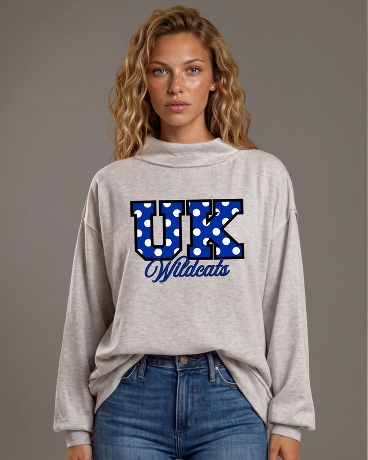 UK Wildcats gameday polka dot graphic mock neck sweatshirt in heather grey. Oversized, super soft, made in USA. Perfect gameday top. Sizes S–L.