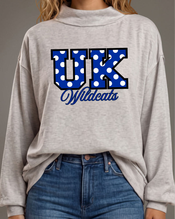 UK Wildcats gameday polka dot graphic mock neck sweatshirt in heather grey. Oversized, super soft, made in USA. Perfect gameday top. Sizes S–L.