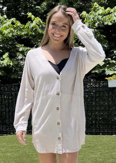 USA Made Women's Long Line Slouchy Cotton & Modal Lightweight Cardigan in Light Tan | Classy Cozy Cool Ladies Made in America Clothing Boutique