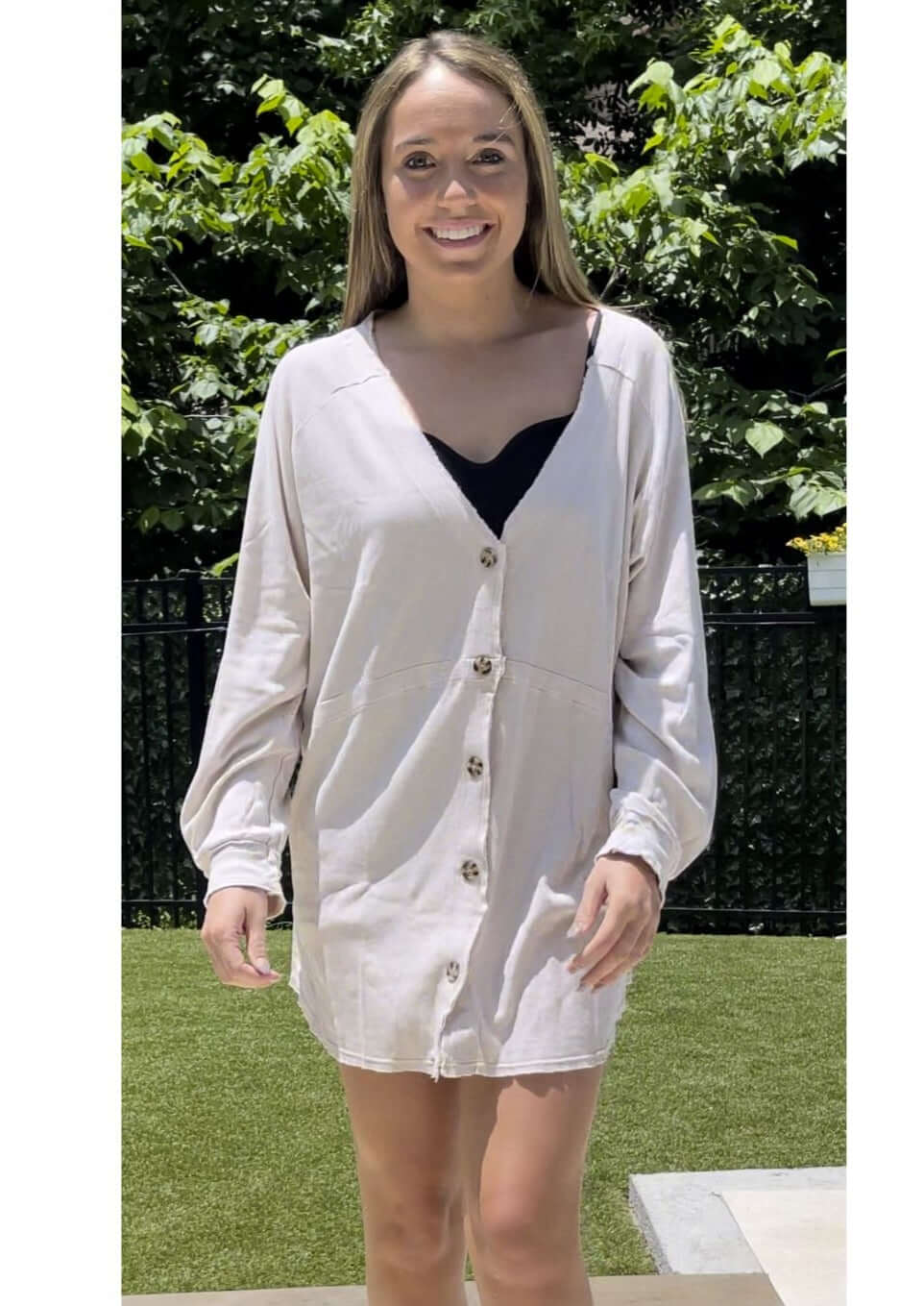 USA Made Women's Long Line Slouchy Cotton & Modal Lightweight Cardigan in Light Tan | Classy Cozy Cool Ladies Made in America Clothing Boutique