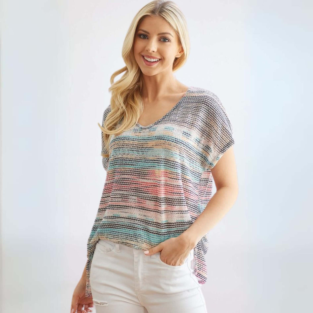 Made in USA Women's Striped Abstract Knit Lightweight Short Sleeve Vintage Hacci Tee with Side Slits | Classy Cozy Cool Made in America Boutique