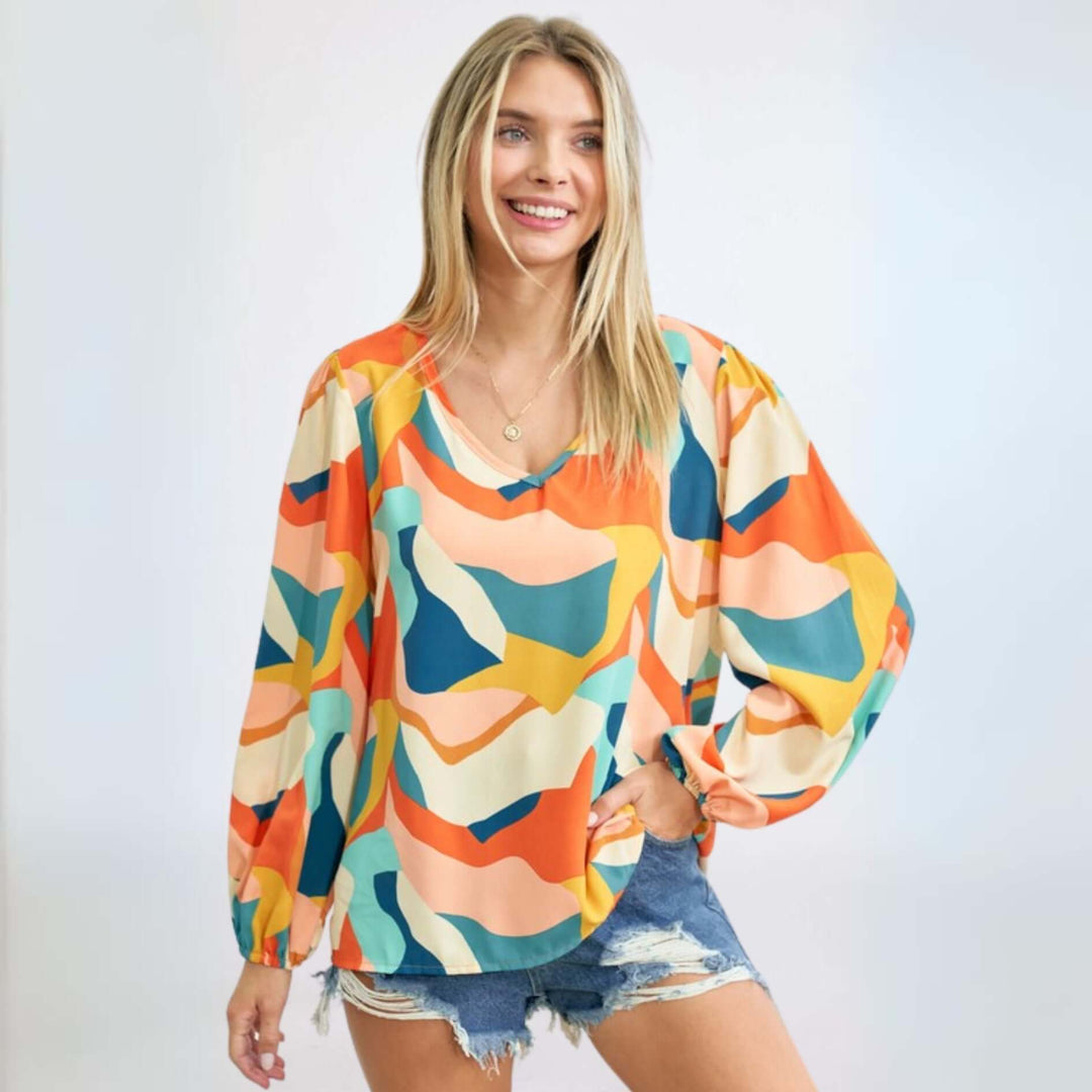 Women's Colorful V-Neck Lightweight Relaxed Fit Blouse Abstract Print Made in USA | Classy Cozy Cool Women's Made in America Boutique