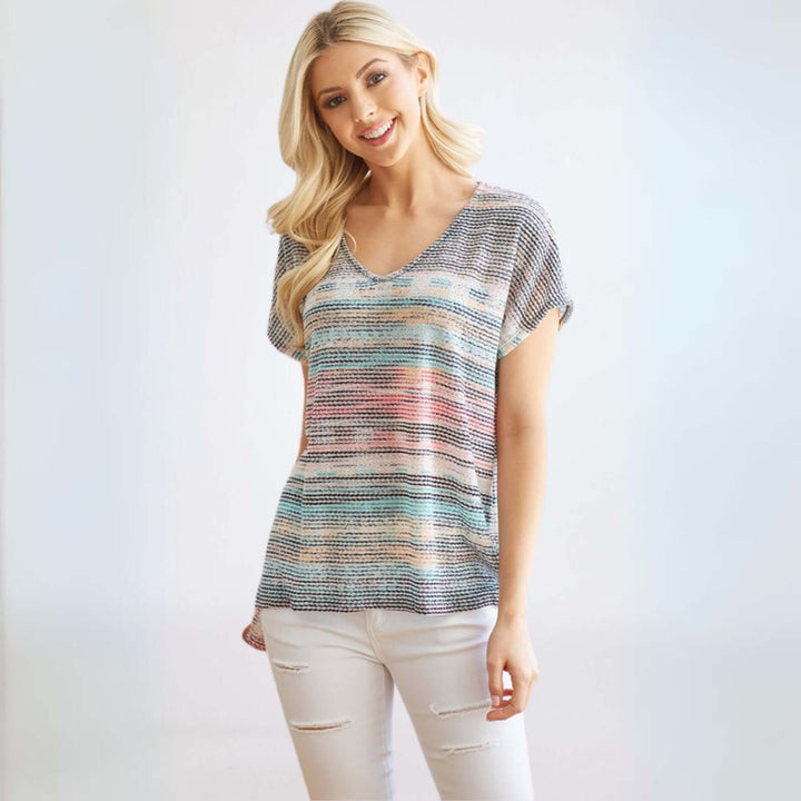 Made in USA Women's Striped Abstract Knit Lightweight Short Sleeve Vintage Hacci Tee with Side Slits | Classy Cozy Cool Made in America Boutique