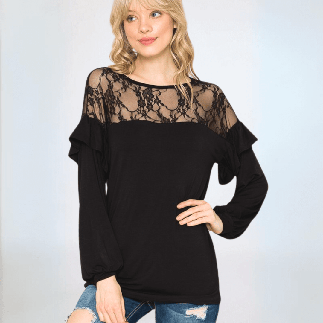 Made in USA Women's Relaxed Fit Black Lace Detail Soft Dressy Tunic Top with Lace Shoulder Detail, Drop Shoulder and Ruffled Bubbles Sleeve | Classy Cozy Cool Made in America Boutique