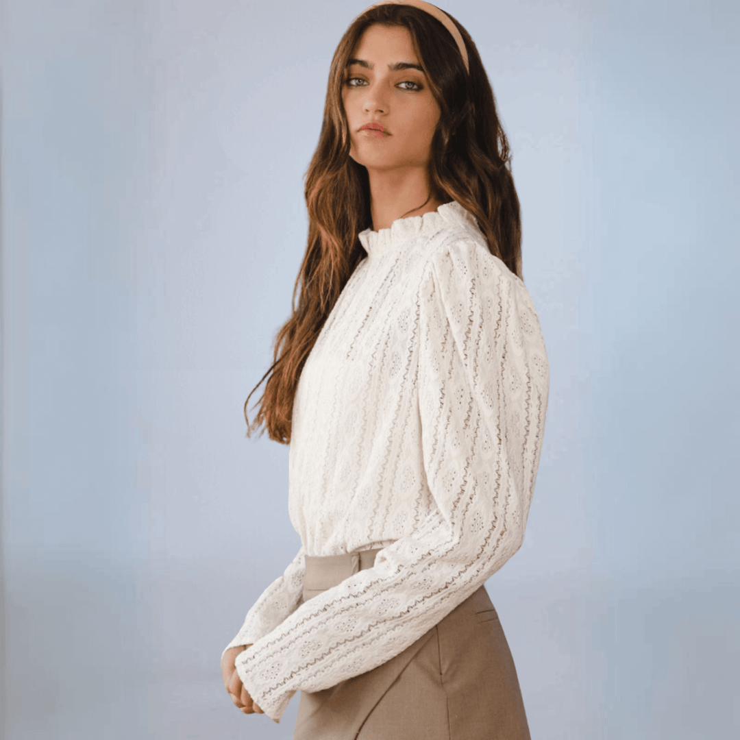 Bucket List Style T2214 | Women's Mock Neck Lace Top in Cream, Long Sleeves, Puff Sleeves, Stretch Lace Fabrication | Made in USA
