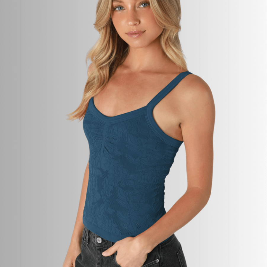 Nikibiki Style NS8318 Women's Lace V-Neck Tank Top  with Built in Shelf Bra Layer in Blue Opal  | Made in USA | Classy Cozy Cool Made in America Boutique