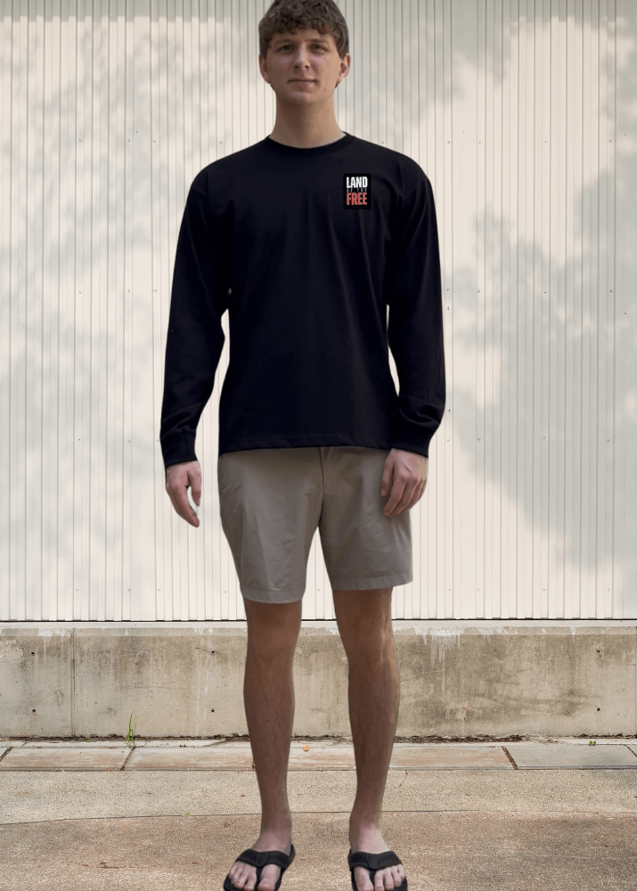 Made in USA Men's Graphic Black Long Sleeve Patriotic Cotton Tee with Land of the Free American Flag, Fighter Jets, Land of the Free Tee Shirt, 100% Cotton