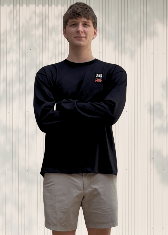 Made in USA Men's Graphic Black Long Sleeve Patriotic Cotton Tee with Land of the Free American Flag, Fighter Jets, Land of the Free Tee Shirt, 100% Cotton