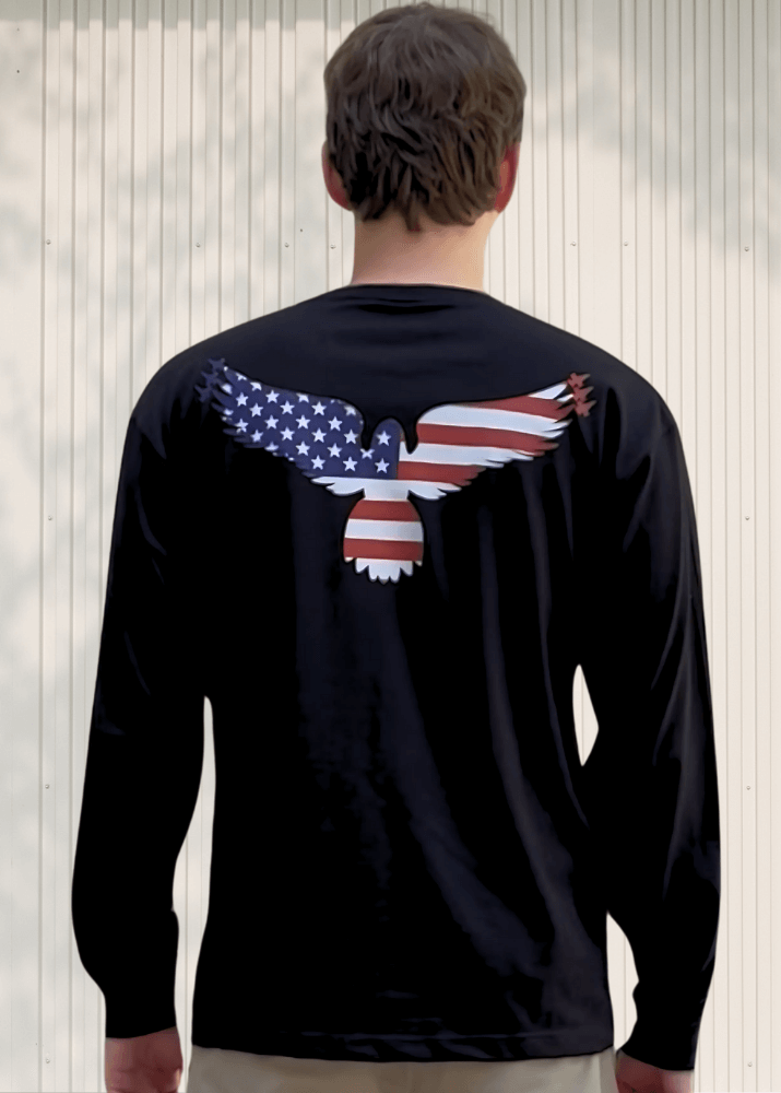 Made in USA Men's Graphic Black Long Sleeve Patriotic Cotton Tee with Land of the Free American Flag, Fighter Jets, Land of the Free Tee Shirt, 100% Cotton