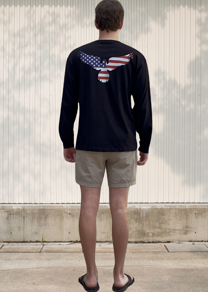 Made in USA Men's Graphic Black Long Sleeve Patriotic Cotton Tee with Land of the Free American Flag, Fighter Jets, Land of the Free Tee Shirt, 100% Cotton