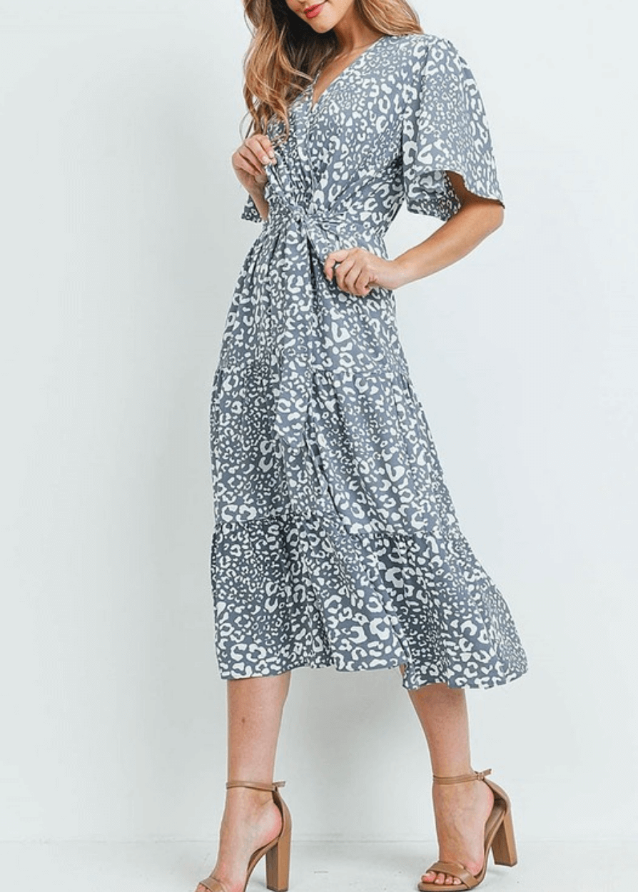 Made in USA Women's Light Gray Animal Print Surplice V-Neck Midi Dress with Short Flutter Sleeves and Elastic Tie Waist | Classy Cozy Cool Made in America Boutique
