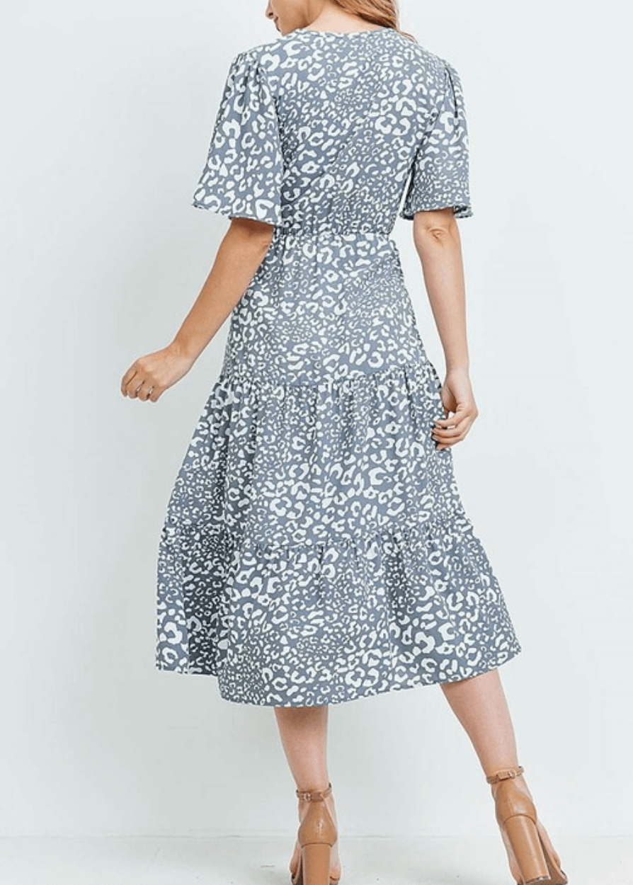 Made in USA Women's Light Gray Animal Print Surplice V-Neck Midi Dress with Short Flutter Sleeves and Elastic Tie Waist | Classy Cozy Cool Made in America Boutique
