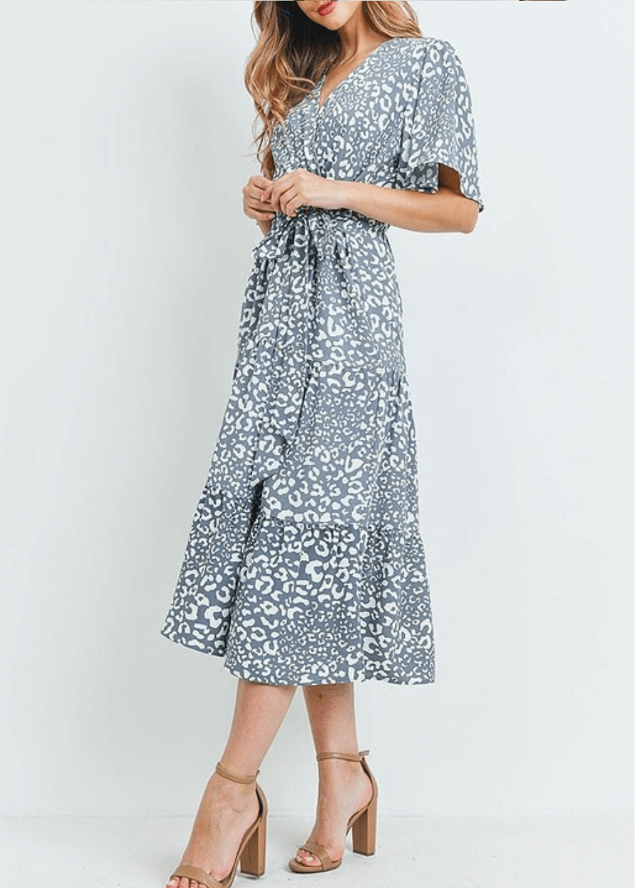 Made in USA Women's Light Gray Animal Print Surplice V-Neck Midi Dress with Short Flutter Sleeves and Elastic Tie Waist | Classy Cozy Cool Made in America Boutique
