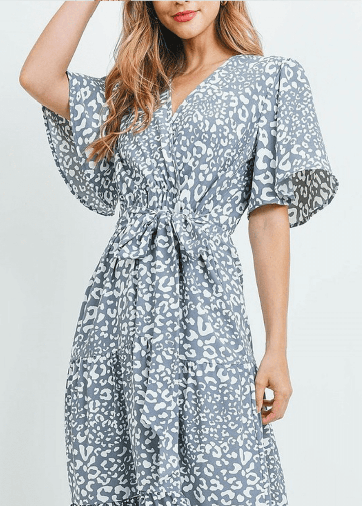 Made in USA Women's Light Gray Animal Print Surplice V-Neck Midi Dress with Short Flutter Sleeves and Elastic Tie Waist | Classy Cozy Cool Made in America Boutique