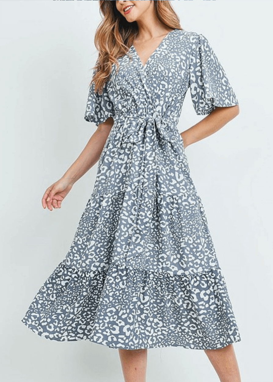 Made in USA Women's Light Gray Animal Print Surplice V-Neck Midi Dress with Short Flutter Sleeves and Elastic Tie Waist | Classy Cozy Cool Made in America Boutique