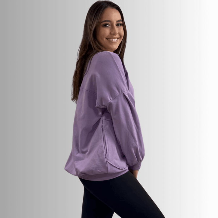 Made in USA Women's Cotton Blend French Terry Oversized Solid Knit Sweatshirt with Side Pockets, Longer Length, Medium Weight in Lavender | Classy Cozy Cool Made in America Boutique