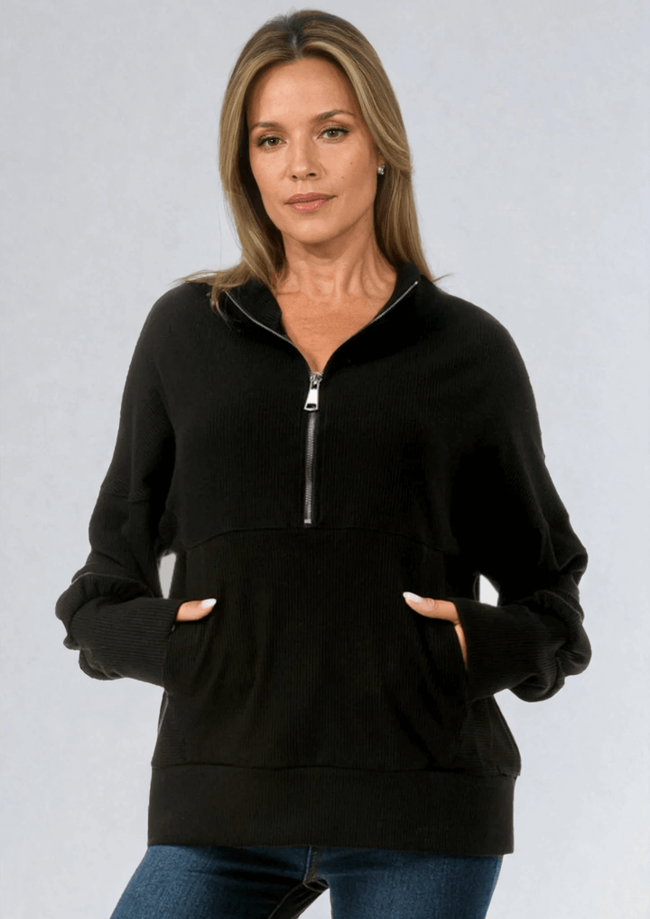 Made in USA Women's Lexi Ultimate Ribbed Thicker Quarter Zip Pullover in Black, Relaxed Fit, Stylish | Classy Cozy Cool Made in America Boutique