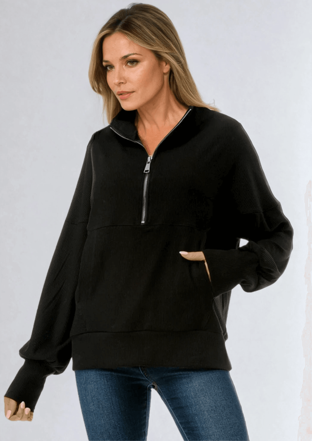 Made in USA Women's Lexi Ultimate Ribbed Thicker Quarter Zip Pullover in Black, Relaxed Fit, Stylish | Classy Cozy Cool Made in America Boutique