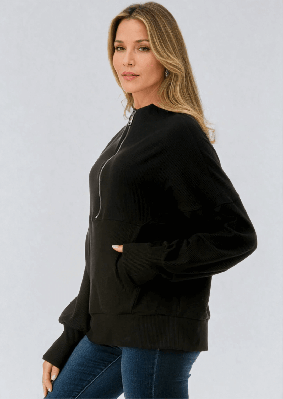 Made in USA Women's Lexi Ultimate Ribbed Thicker Quarter Zip Pullover in Black, Relaxed Fit, Stylish | Classy Cozy Cool Made in America Boutique