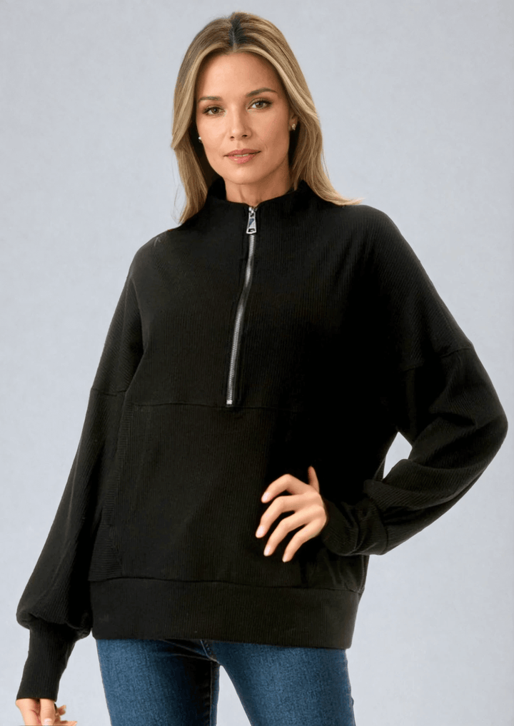 Made in USA Women's Lexi Ultimate Ribbed Thicker Quarter Zip Pullover in Black, Relaxed Fit, Stylish | Classy Cozy Cool Made in America Boutique