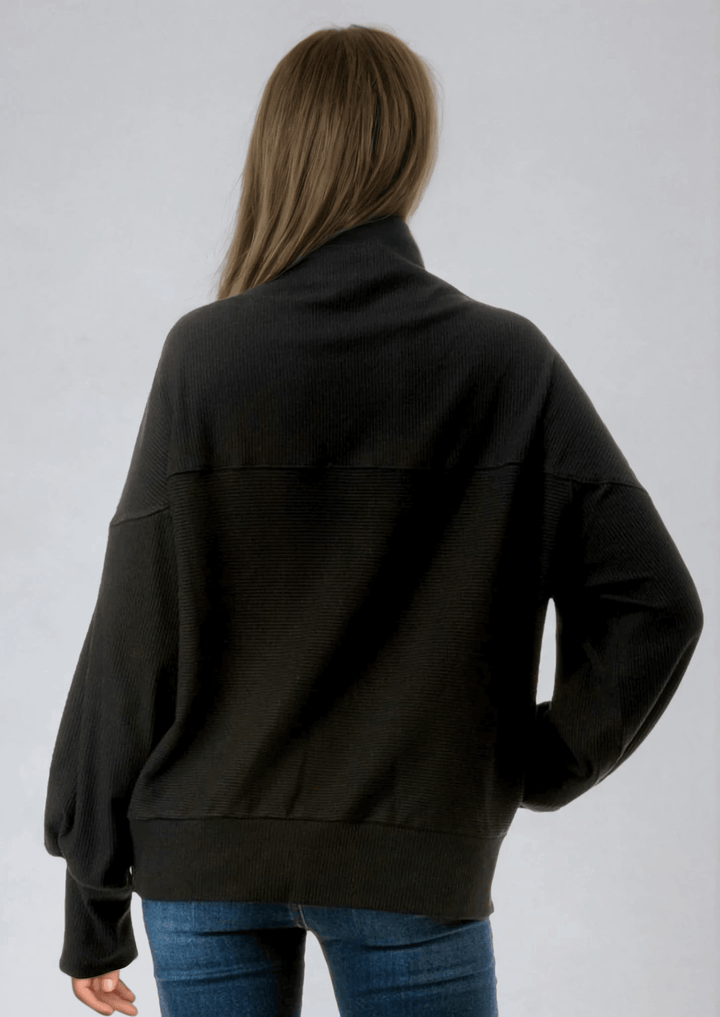 Made in USA Women's Lexi Ultimate Ribbed Thicker Quarter Zip Pullover in Black, Relaxed Fit, Stylish | Classy Cozy Cool Made in America Boutique
