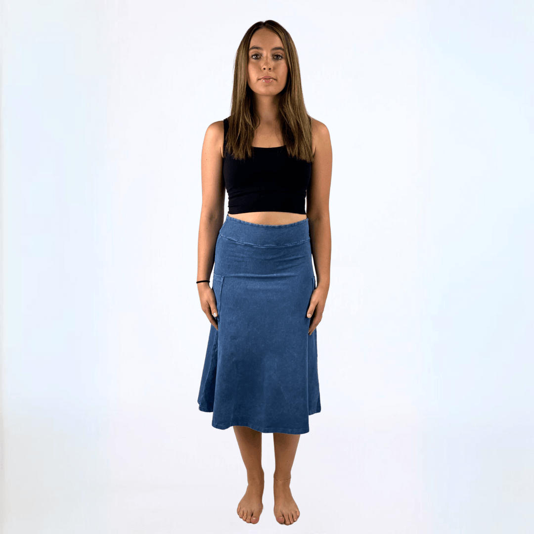 Made in USA Women's All Season Versatile Cotton Stretch Midi Skirt, Side Patch Pockets, High Waist, Comfortable & Soft 4 Way stretch in Light Denim | Only Sold at Classy Cozy Cool Made in America Boutique