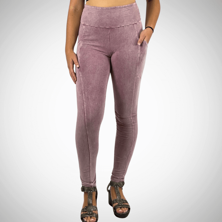 Made in USA Women's Tummy Control Wide Waistband Cotton Spandex Mineral Washed Leggings with Large Side Pockets in Light Mauve | Classy Cozy Cool Made in America Boutique