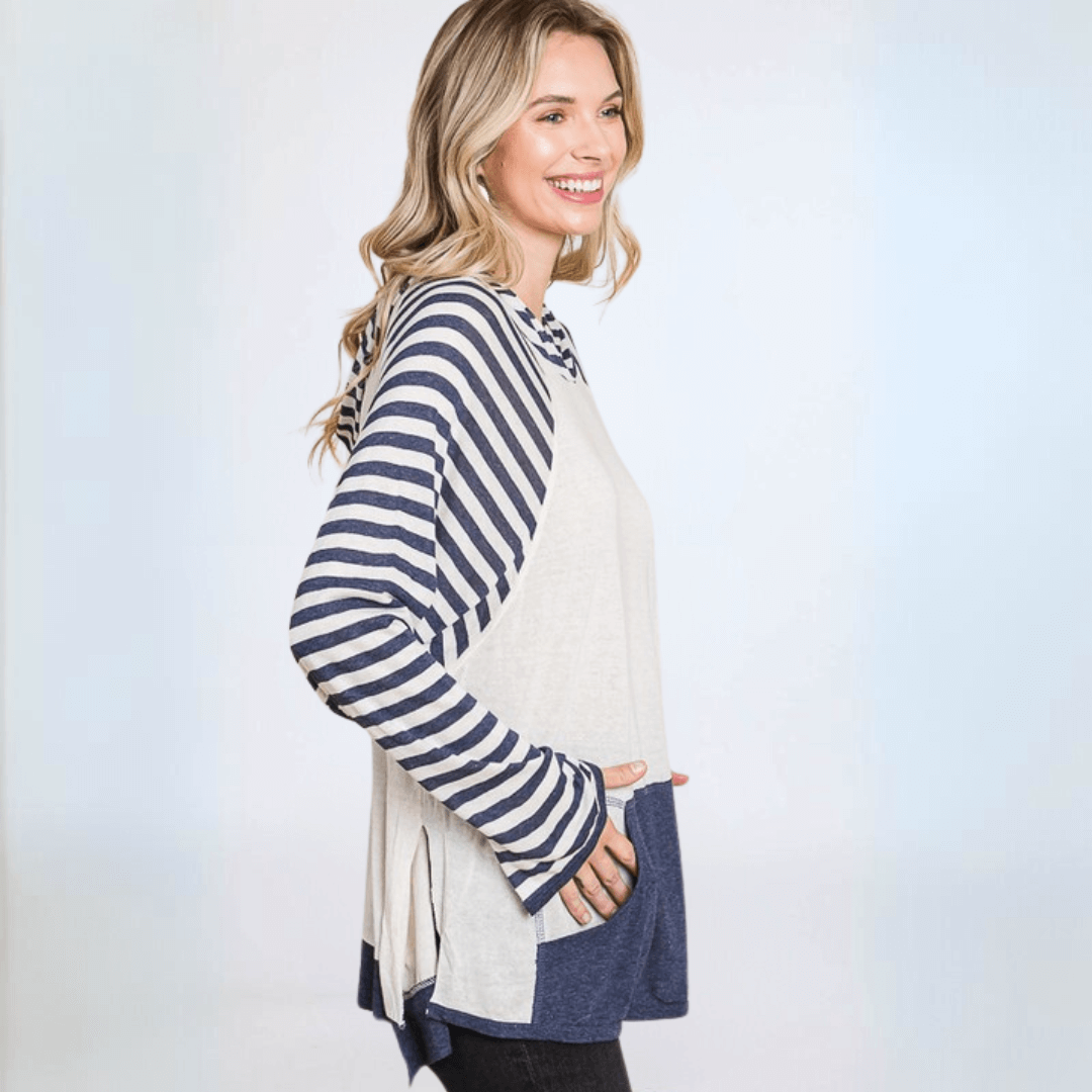 Made in USA Women's Ultra Lightweight Color Block Hoodie Striped Detail Relaxed Oversized Fit Navy/Off White Raw Edge Detail Kangaroo Pockets Side Slits