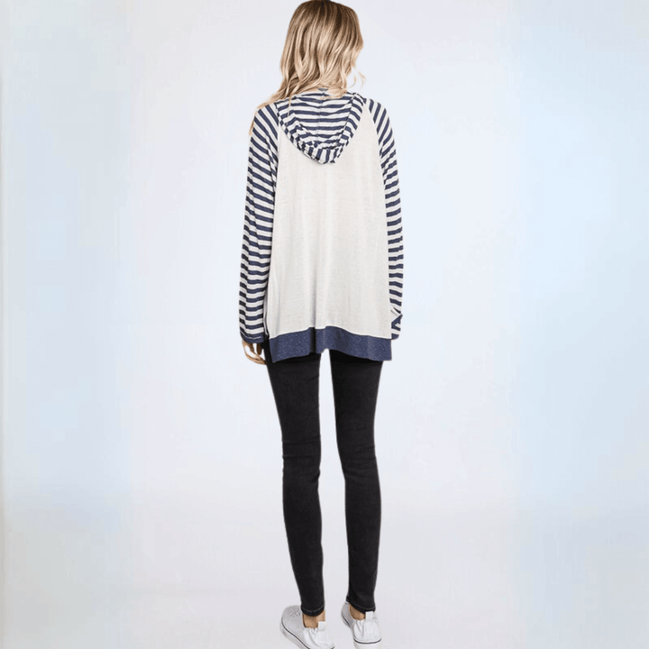 Made in USA Women's Ultra Lightweight Color Block Hoodie Striped Detail Relaxed Oversized Fit Navy/Off White Raw Edge Detail Kangaroo Pockets Side Slits