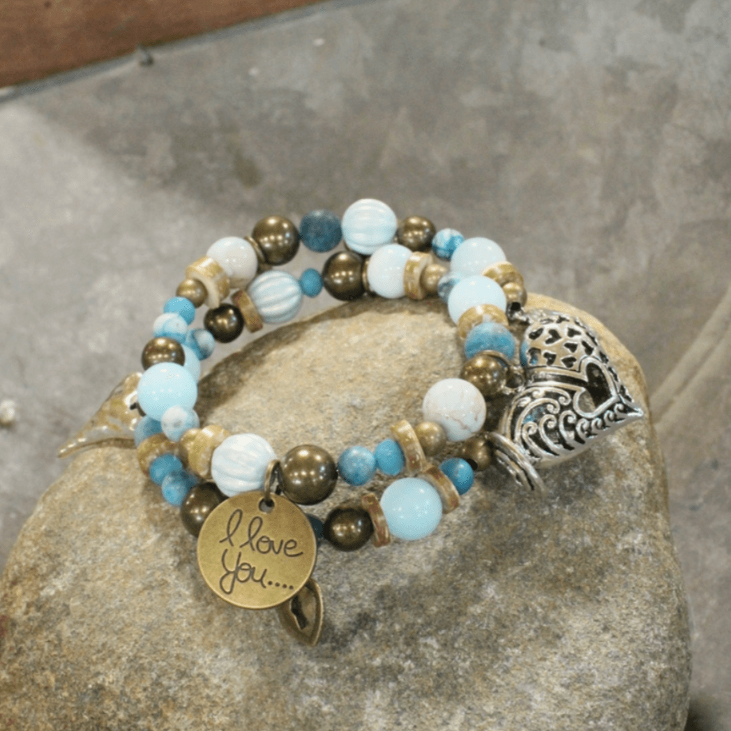 Natural Stone Jewelry Designed and Made in USA, Unique One-of-a-kind Vintage Inspired Loads of Love Heart Pendants Light Aquamarine Layered Wrap Bracelet